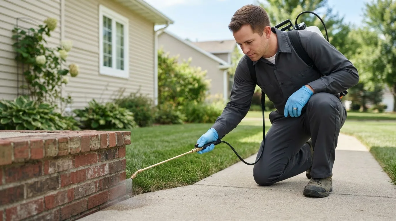 Pest control technician treating a home near Collinsville, VA