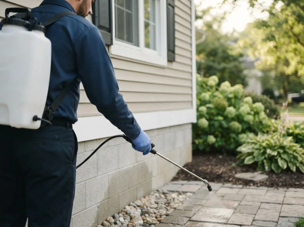 Pest control technician inspecting a home in Collinsville, VA